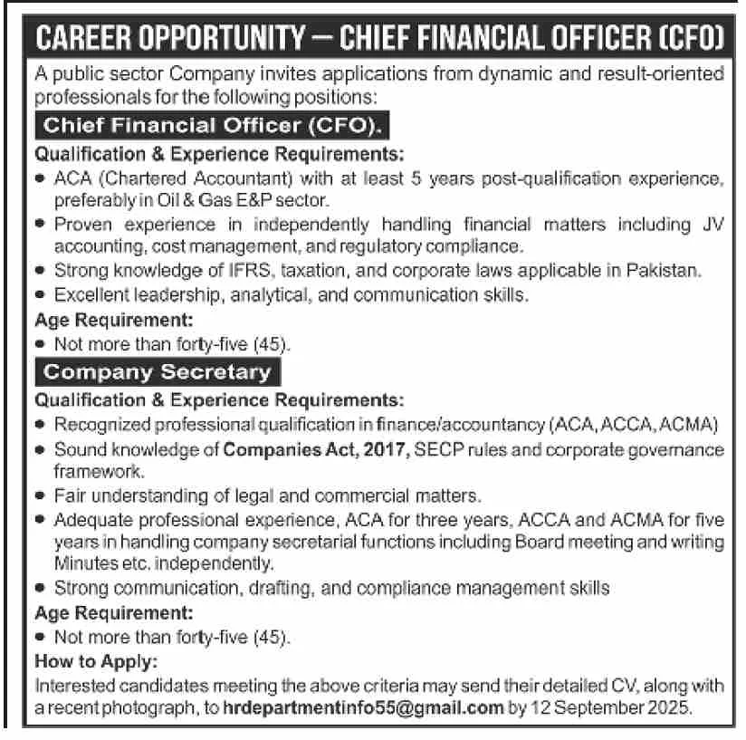 Latest CFO & Company Secretary Jobs Pakistan 2025