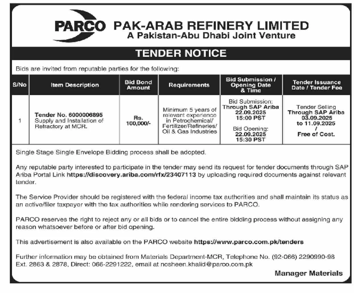PARCO Tender 2025: Refractory Supply & Installation at MCR – Submit Your Bid Now