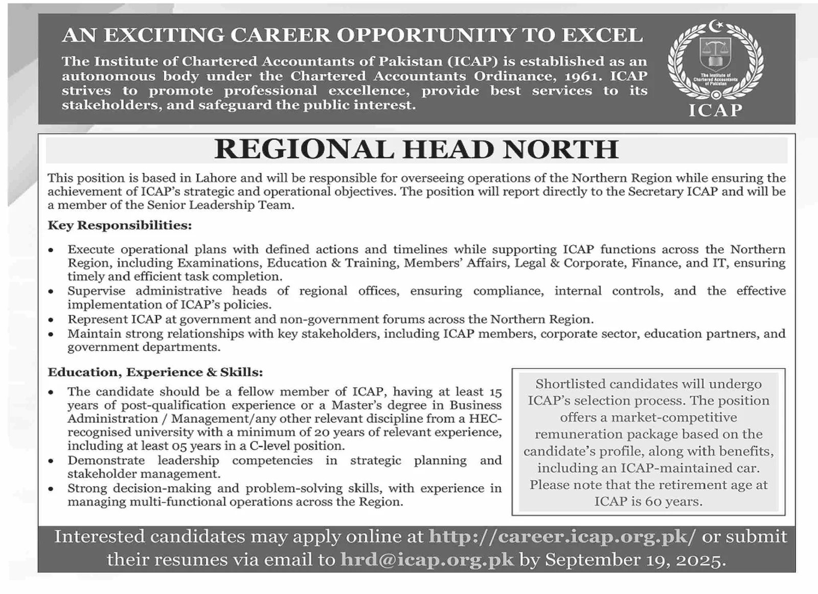 ICAP Jobs 2025: Apply for Regional Head North Position in Lahore