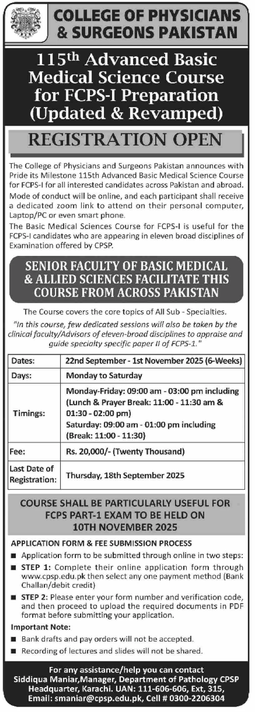Ace FCPS-I Fast: CPSP’s 115th Advanced Basic Medical Sciences Course Now Open