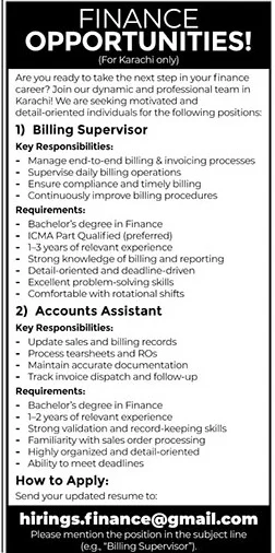 Finance Jobs in Karachi – Apply Now for Billing Supervisor & Accounts Assistant Roles