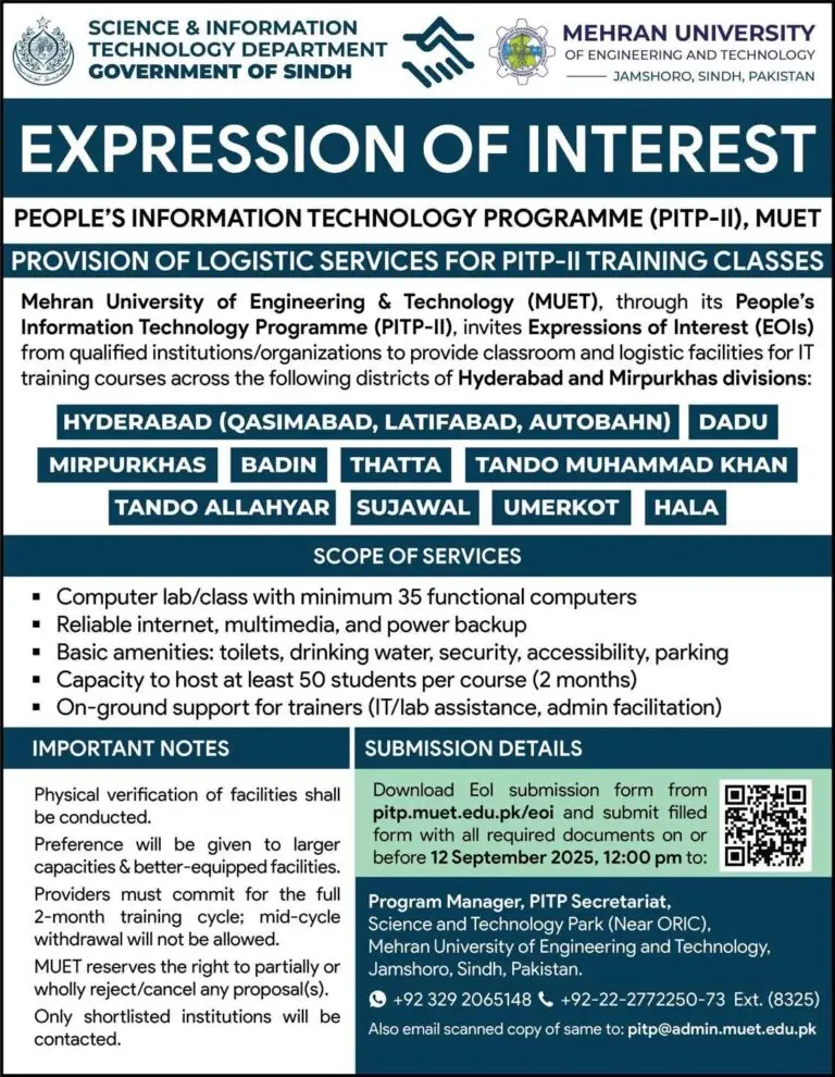 Expression of Interest (EOI) for Logistic Services – PITP-II by MUET